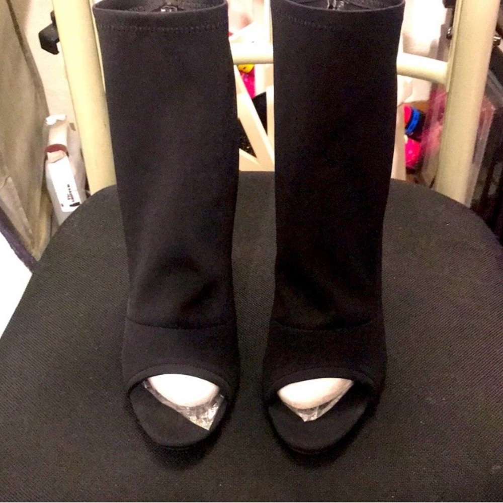 Black Open Toe Sock Boots with Dollar Sign Heels - Picture 4 of 8